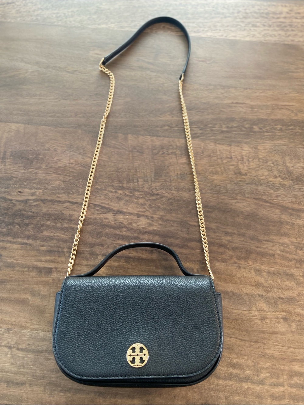 Tory Burch Black Leather Crossbody with Gold Chain